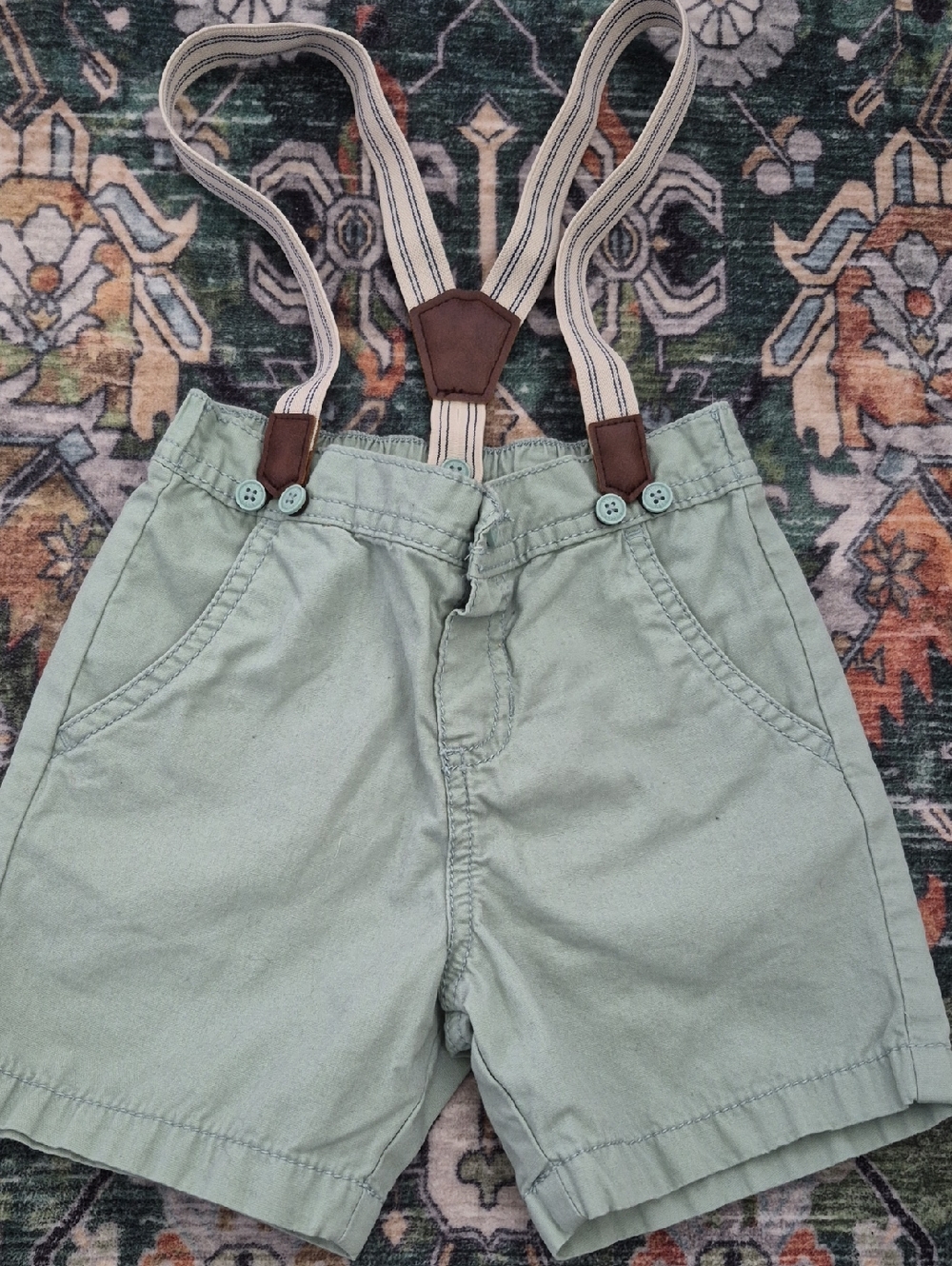 Light Sage Green Cotton Shorts with Striped Suspenders